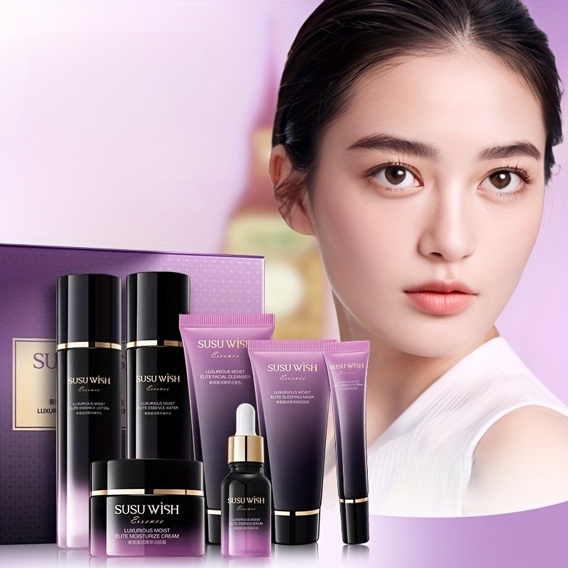 Luxury Skincare Sets - 贅沢で上品な9点保湿エッセンスセット、クレンジングミルク、エッセンスウォーター、エッセンスローション、エッセンスセラム、保湿クリーム、アイクリーム、スリーピングマスクを含む、ナイアシンアミド、ツボクサエキスなどの成分配合、毎日のフェイシャルスキンケア、アルコールフリー処方、繊細なテクスチャー、優しく低刺激、吸収しやすい、肌に深く潤いを与え、絶妙なパッケージ、ギフトにもおすすめ。