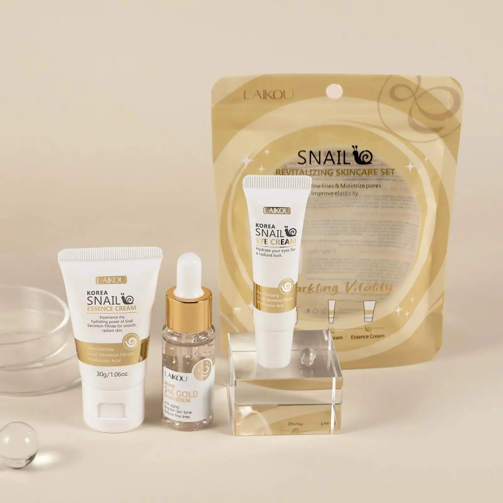 Luxury Skincare Sets - 24Kゴールドスネイルリペアセラムアイクリームエッセンスセット 保湿、小じわを滑らかに、毛穴を小さくする 高級スキンケア